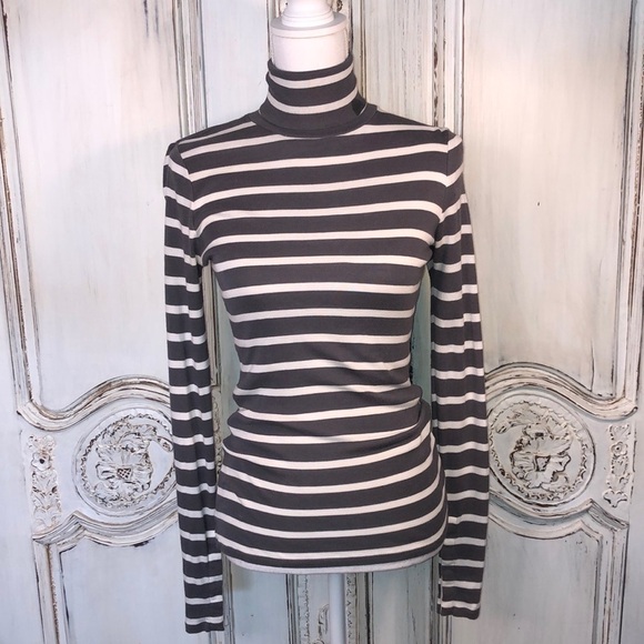 Pilcro and the Letterpress Classic Gray and Cream Stripes Roll Turtleneck Top - Picture 1 of 11